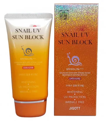 Солнцезащитный крем Jigott SNAIL UV SUN BLOCK SPF50 с улиточным муцином 70 ml
